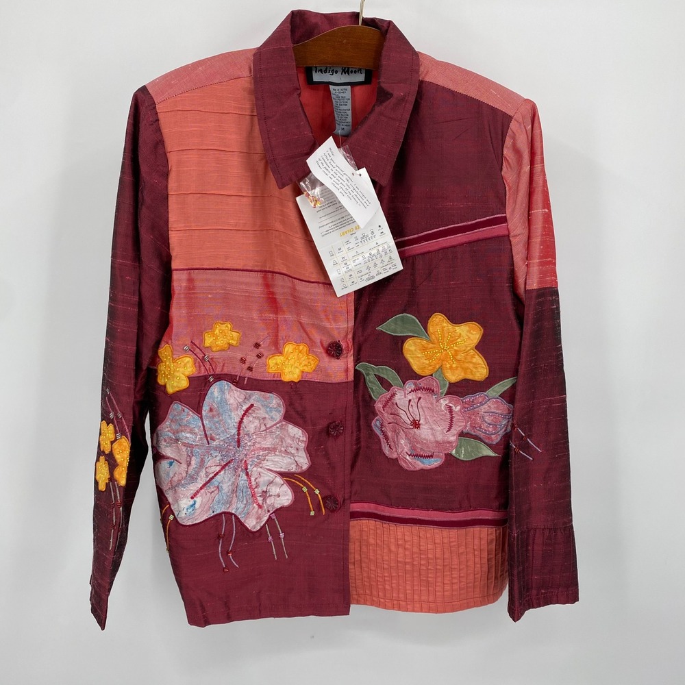 Indigo Moon Women's M Silk Patchwork Floral Embroidered‎ Button Down Shirt Boho